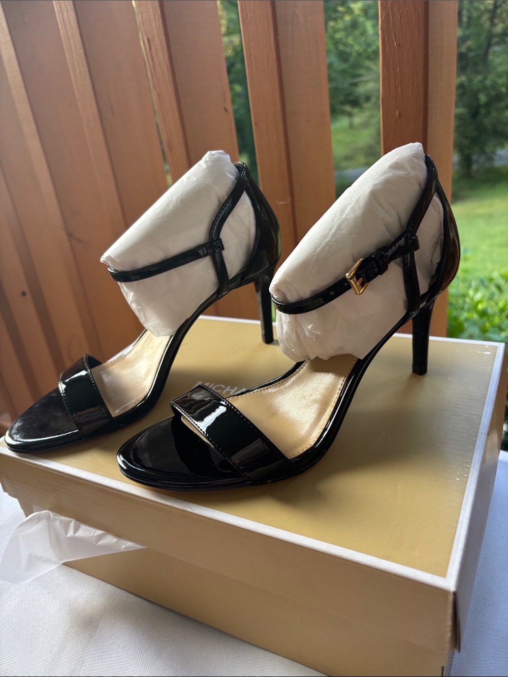 Michael Kors Simone Mid Black Patent Ankle-Strap High Heel Sandals Size 6.5